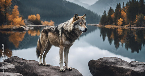 View of wild wolf in nature, A lone wolf standing on a rocky mountain, Wild Wolf in Mountain Wilderness By the Lakeside. © Abdul Rehman