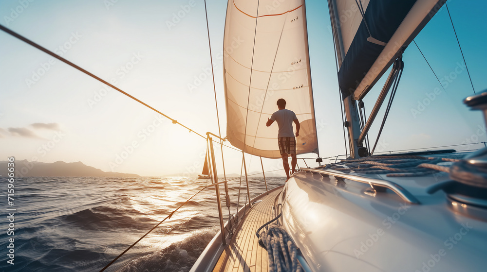 Fototapeta premium Segelyacht auf dem Meer, Seegang, Sonnenschein, generative AI