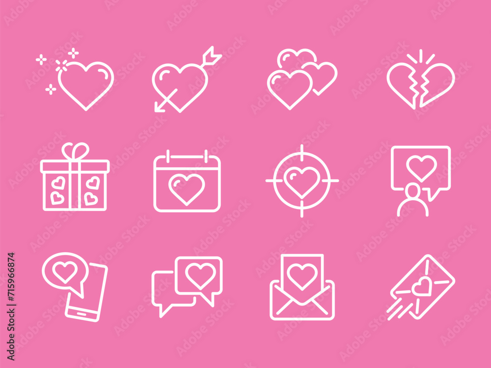 icon set for valentine's day with pink background