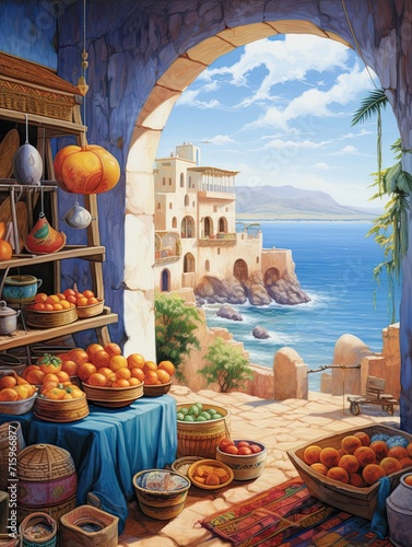 Exotic Moroccan Bazaars Seascape Art Print - Coastal Markets, Beach Scene Painting