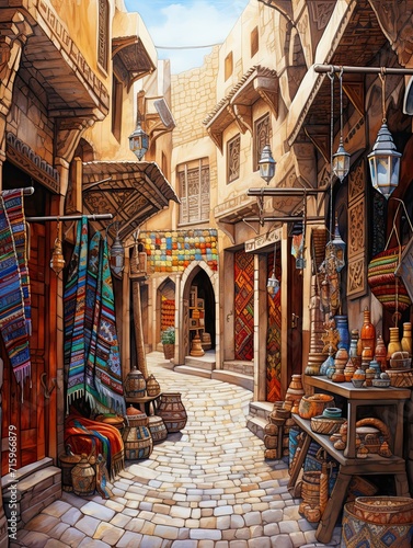 Exotic Moroccan Bazaars Pathway: Market Streets Earth Tones Art © Michael