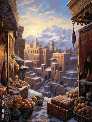 Exotic Moroccan Bazaars Winter Scene: Snowy Markets in a Cold Landscape Art