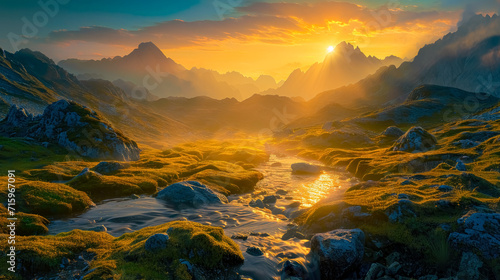 The mountains with a stream running through them and the sun coming up in the background, vibrant fantasy landscapes. © Saulo Collado