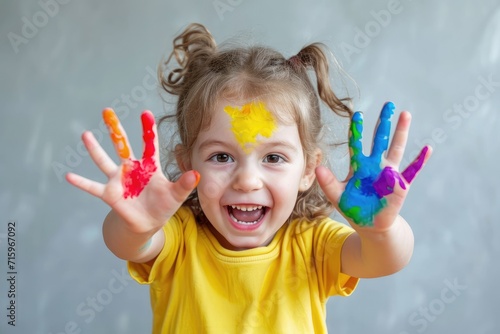 Happy smiling playing kid with painted hands