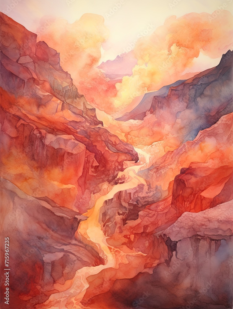 Fiery Volcano Slopes: Soft Watercolor Renders of Fierce Volcanic Activity