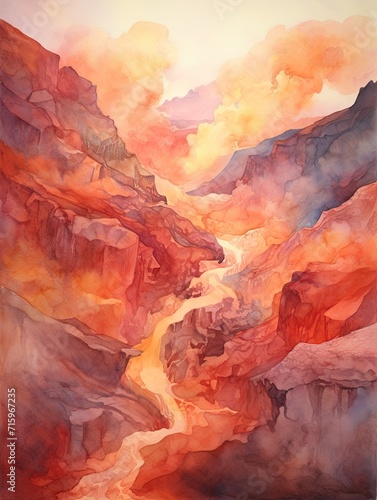 Fiery Volcano Slopes  Soft Watercolor Renders of Fierce Volcanic Activity