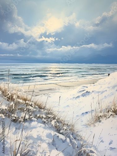 Frosty Sea Snowfield: A Captivating Beach Scene Painting of a Snowy Expanse by the Seashore