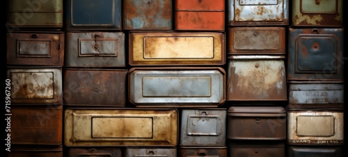 Rusty tin old container boxes texture. Tin texture wallpaper background. Rusty old iron. Horizontal banner format