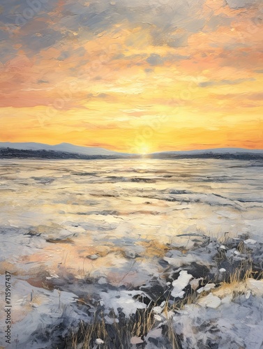 Frosty Snowfield Expanse Sunset: Golden Hues on Icy Fields