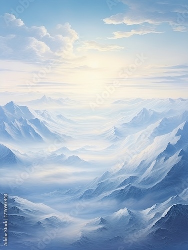 Frosty Snowfield Expanse: Valleys Blanketed in SnowscapeORSnow Blankets Valleys in Frosty Snowfield Expanse Landscape