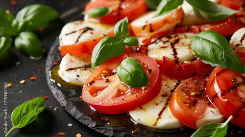 Close up of a caprese salad with fresh mozzarella, tomatoes, and basil on a black stone plate