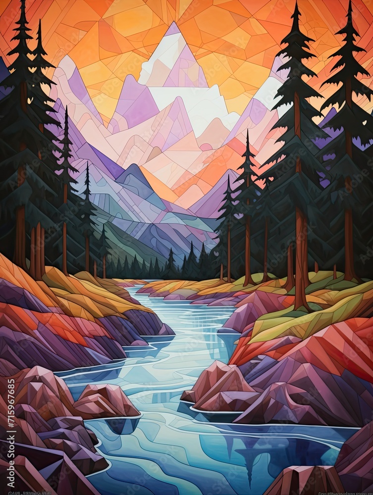 Majestic Geometric Mountain Scenes: Riverside Painting of Mesmerizing River Geometry