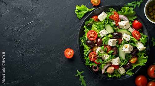 Top down view of a plate withgreek salad with olives, tomatos and goat cheese on a dark black stone texture background with space for text for designer