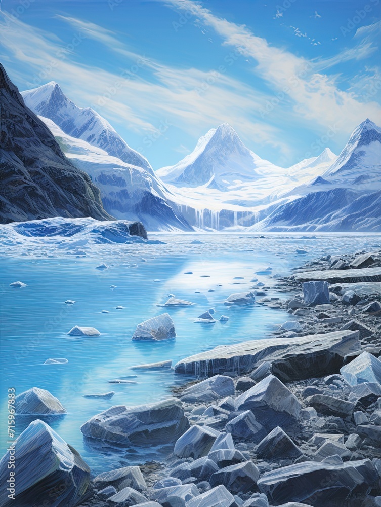 Glistening Glacier Terrains: Beach Scene Painting - Where Cold Glaciers Meet Sandy Shores