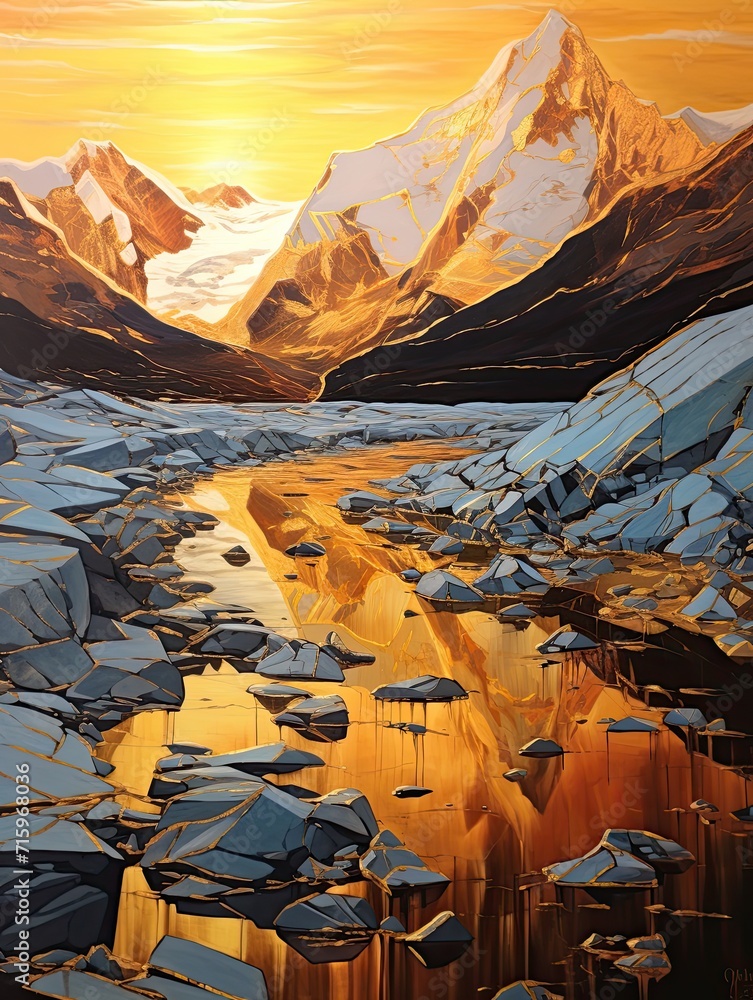Golden Hour Beauty: Glistening Glacier Terrains Bathed in Gold