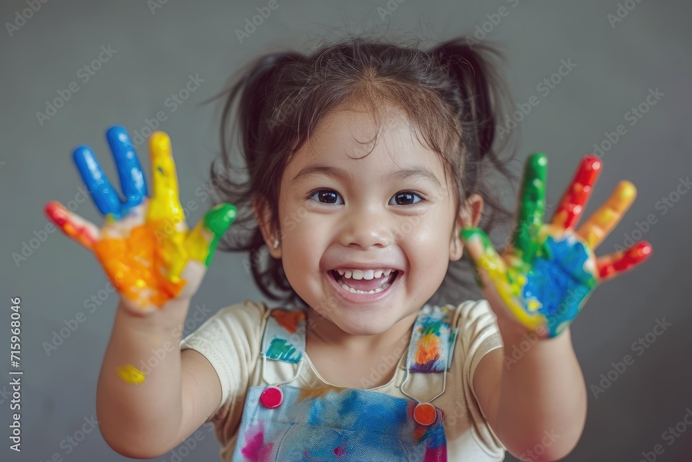Happy smiling playing kid with painted hands Happy smiling playing kid with painted hands