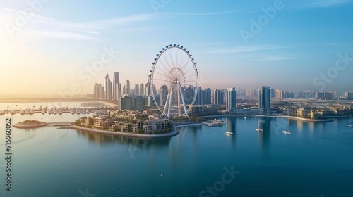 Bluewaters island and Ain Dubai ferris wheel on in Dubai, United Arab Emirates aerial view. New leisure and residential area in Dubai marina area 