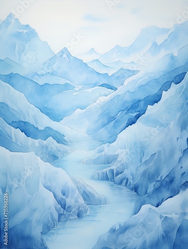 Glistening Glacier Terrains: Watercolor Landscape With Blending Icy Blues and Whites.
