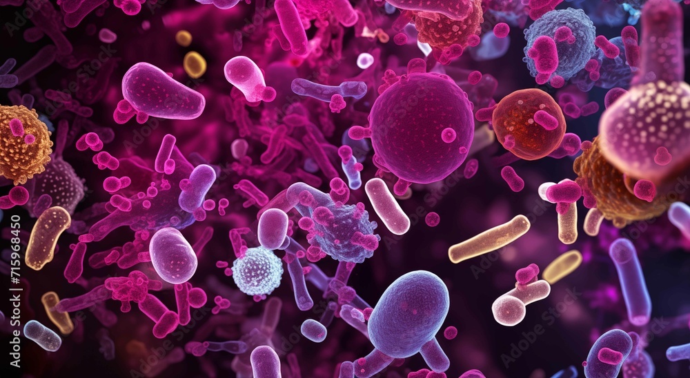 A myriad of bacteria in vibrant colors of pink and yellow float amidst a dark, microscopic world, evoking the complexity of microbial life A myriad of bacteria in vibrant colors of pink and yellow float amidst a dark, microscopic world, evoking the complexity of microbial life