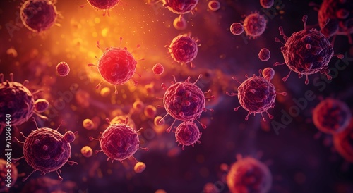 A striking 3D illustration of red and pink virus cells, reminiscent of the coronavirus, against a blurred orange backdrop