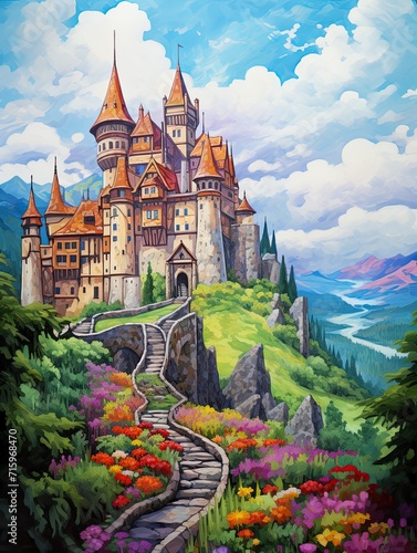 Vibrant Castle Painting: Grand Medieval Castles Acrylic Landscape Art, Historic Walls
