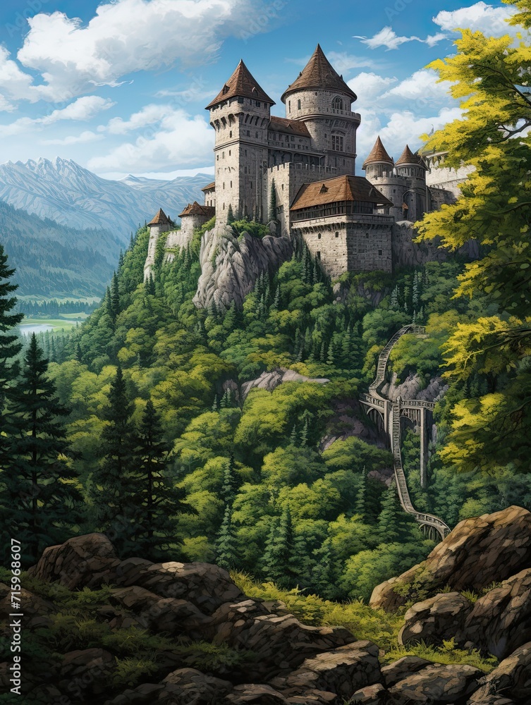 Majestic Medieval Castle in Enchanting Forest - Nature Artwork & Fortress Scenery