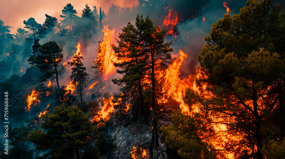 A strong fire in a large area of the forest. An environmental disaster of great proportions. - obrazy, fototapety, plakaty 