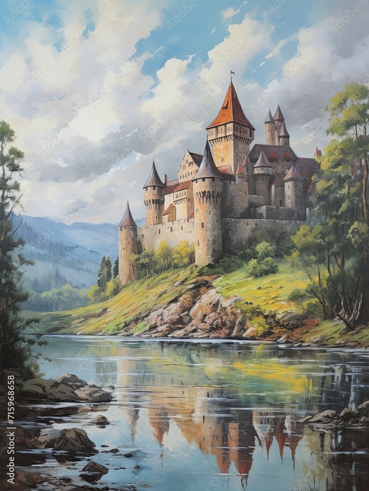 Grand Medieval Castles Riverside Painting: Majestic Fortress by the River