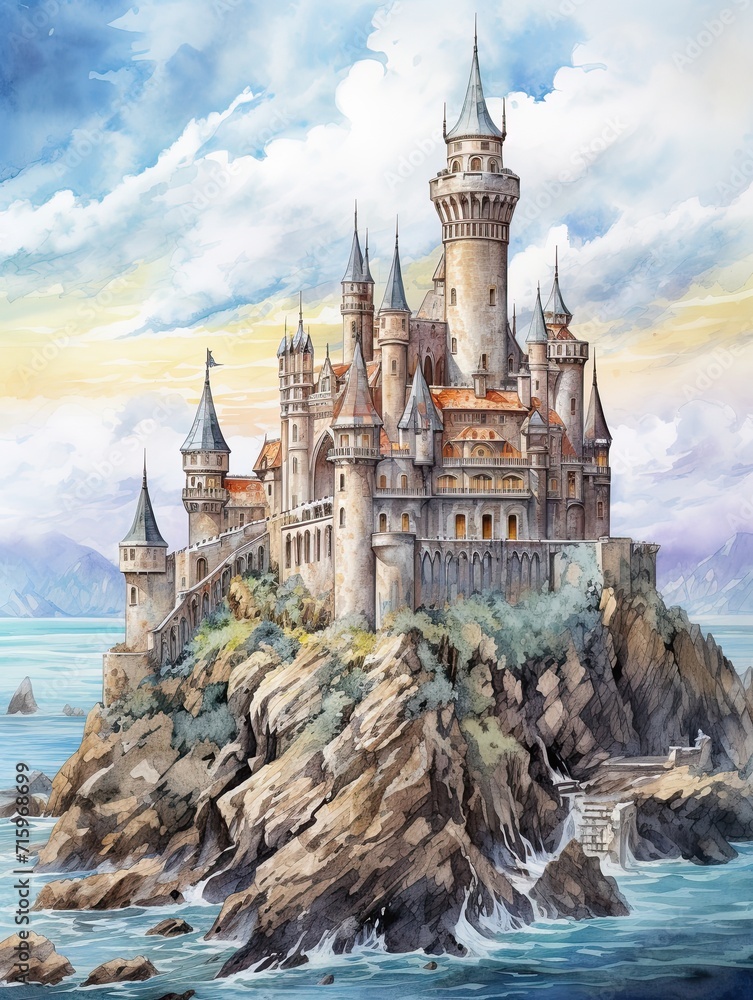 Grand Medieval Castles Seascape Art Print: Castle by the Sea - Coastal Fortress Exemplifying Majestic Splendor