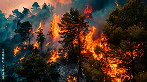 A strong fire in a large area of the forest. An environmental disaster of great proportions. photo