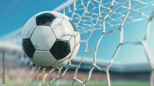 A soccer ball sails into the net against a clear blue sky  scoring a goal in a busy stadium.