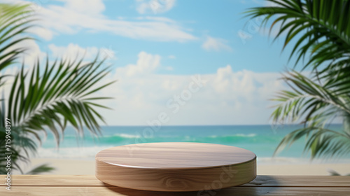 wooden circle on the background of turquoise sea and palm trees. mockup for advertising some product, 3d display, podium. 