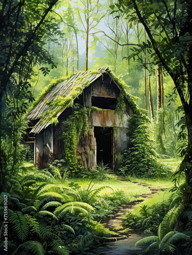 Historic American Barns Rainforest Landscape: Barns amid Trees - Woodland Art Print