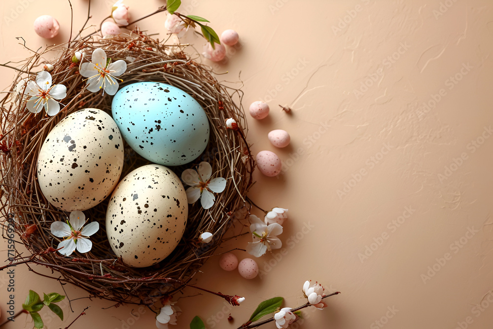 Greeting card for Easter, with Easter eggs in a nest on a beige background.