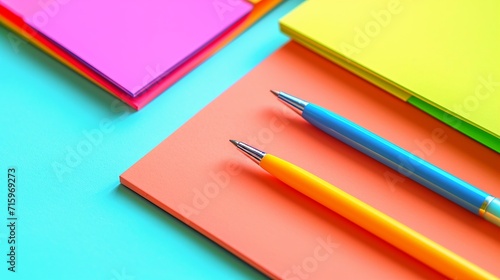 Bright notepads and colored pens on a background of colored paper. Writing accessories. Corporate gifts for office employees. Sunny mood for work. 