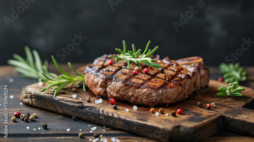 grilled beef steak lying on a wooden board with rosemary sprigs and spices. Dark background