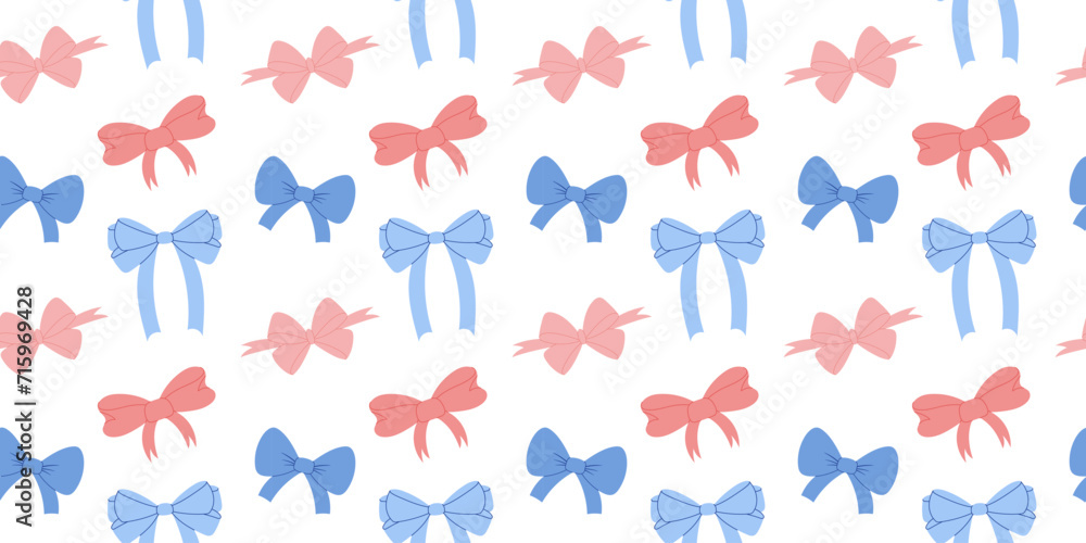 Elegant Seamless Pattern Featuring Simple Pink And Blue Ribbon Bows for Fashion Textile or Wallpaper Background. Vector Illustration for a Baby reveal Party Design