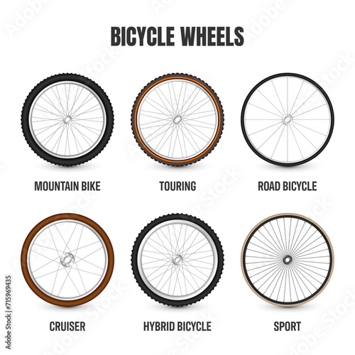 Realistic 3d bicycle wheels. Bike rubber tyres, shiny metal spokes and rims. Fitness cycle, touring, sport, road and mountain bike. Vector illustration
