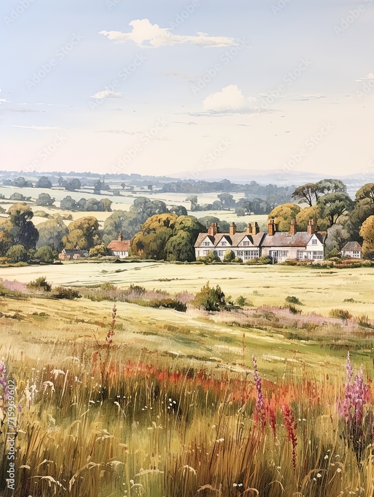 Idyllic English Cottages Panoramic Landscape Print: Wide Cottage View - Nature Art