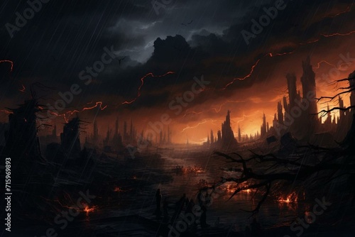 An ominous, electrified sky with a dark ambiance, depicting a post-apocalyptic scene using digital painting techniques. Generative AI