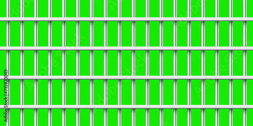 Shiny metal prison bars isolated on green chroma key. Detailed jail cage, prison iron fence. Criminal background mockup. Vector illustration