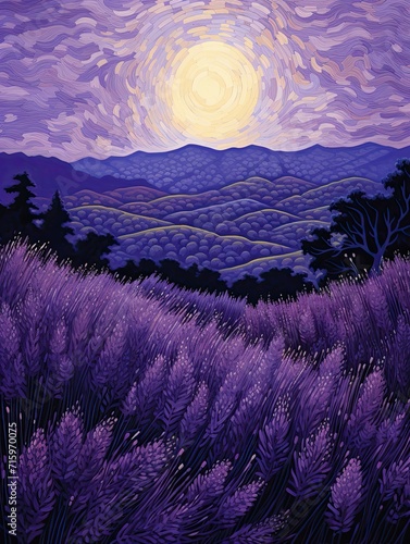 Lavender Field Breezes: Moonlit Landscape of Night Amidst Lavenders