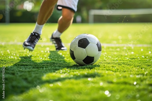A soccer player's legs in action on lush turf as he deftly controls and advances the ball
