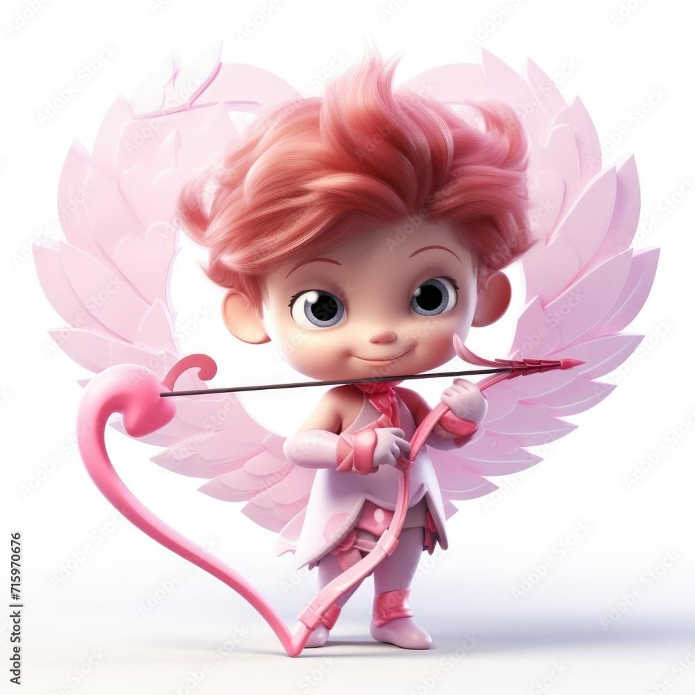Cupid with bow and arrow 3d cute character. transparent pink heart on a white background. Symbol of Valentine's Day. Postcard. Angel of Love
