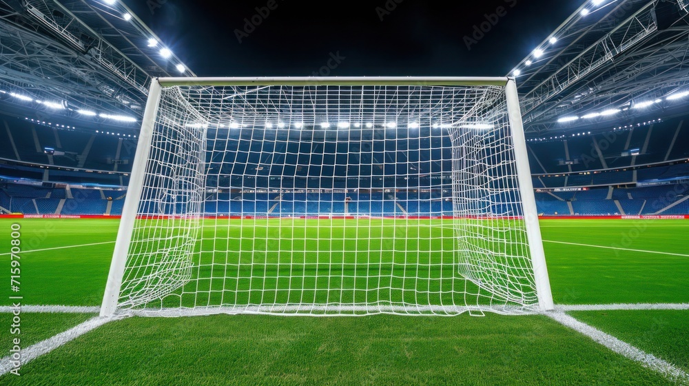 Fototapeta premium Soccer goal perspective in urban arena.