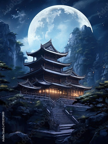 Majestic Asian Temples: Moonlit Landscape and Starry Sky Serenity