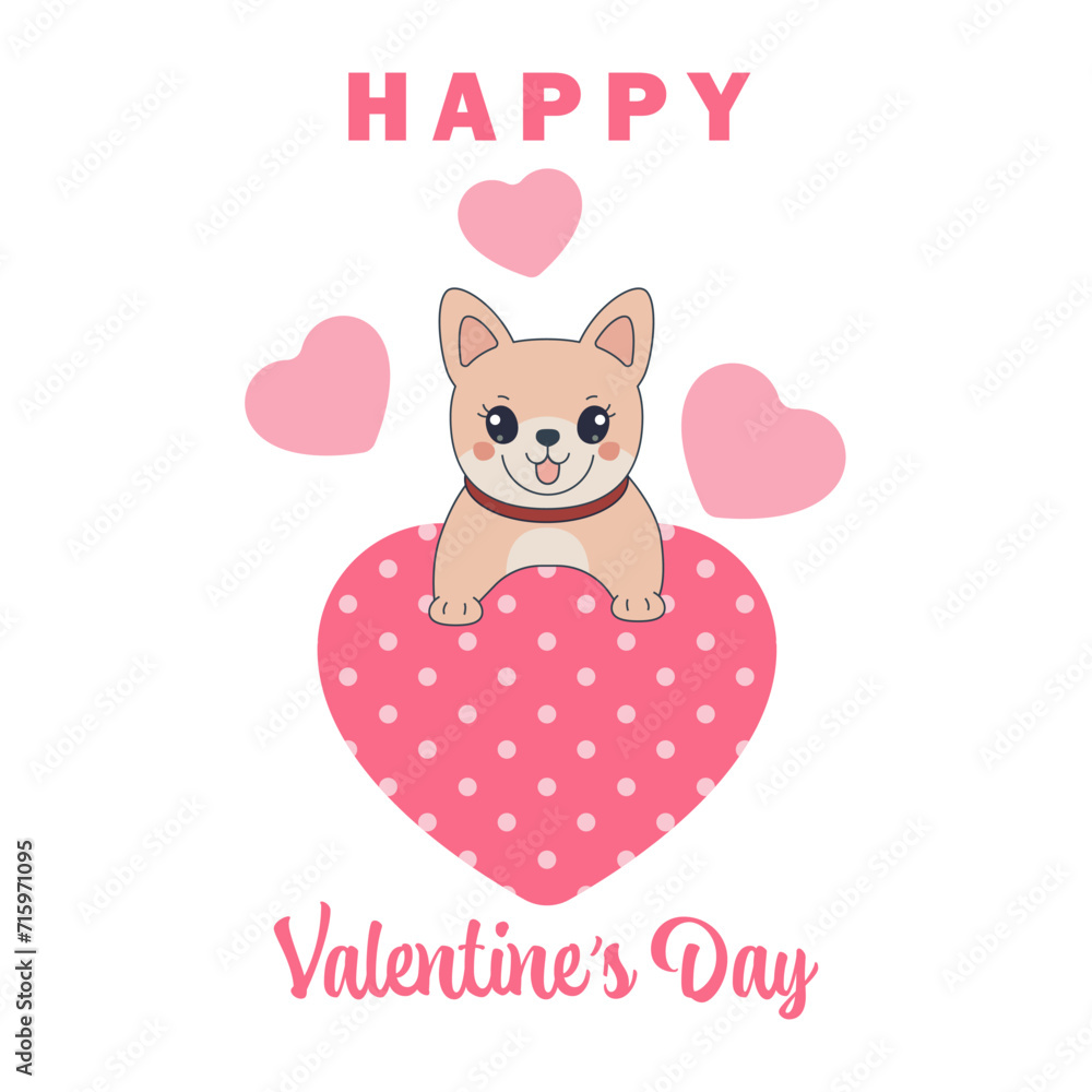 Happy Valentine's Day. Dog and hearts. Vector illustration