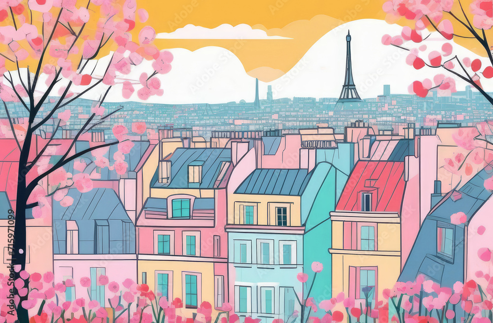 Fototapeta premium Beautiful view on Eiffel Tower in Paris, spring blossom, romantic travel concept, illustration style of cubism art movement in pastel tones