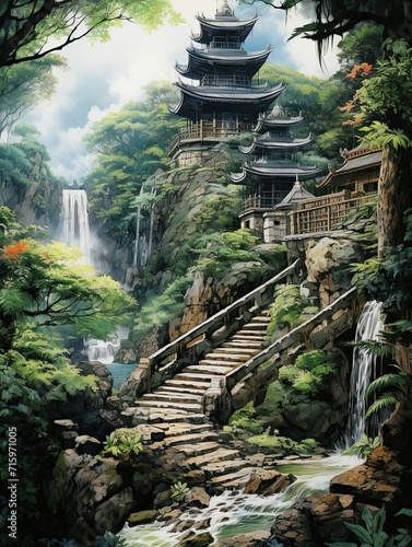 Majestic Asian Temples: Serene Beauty of Stream and Brook Art Amidst Water Sources