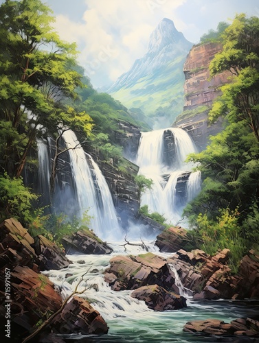 Majestic Waters  A Serene Canvas Print Featuring Cascading Waterfall Backdrop